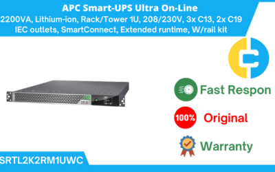 APC Smart-UPS Ultra On-Line, 2200VA, Lithium-ion, Rack/Tower 1U, 208/230V, 3x C13, 2x C19 IEC outlets, SmartConnect, Extended runtime, W/rail kit SRTL2K2RM1UWC