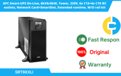 APC Smart-UPS On-Line, 6kVA/6kW, Tower, 230V, 6x C13+4x C19 IEC outlets, Network Card+SmartSlot, Extended runtime, W/O rail kit SRT6KXLI